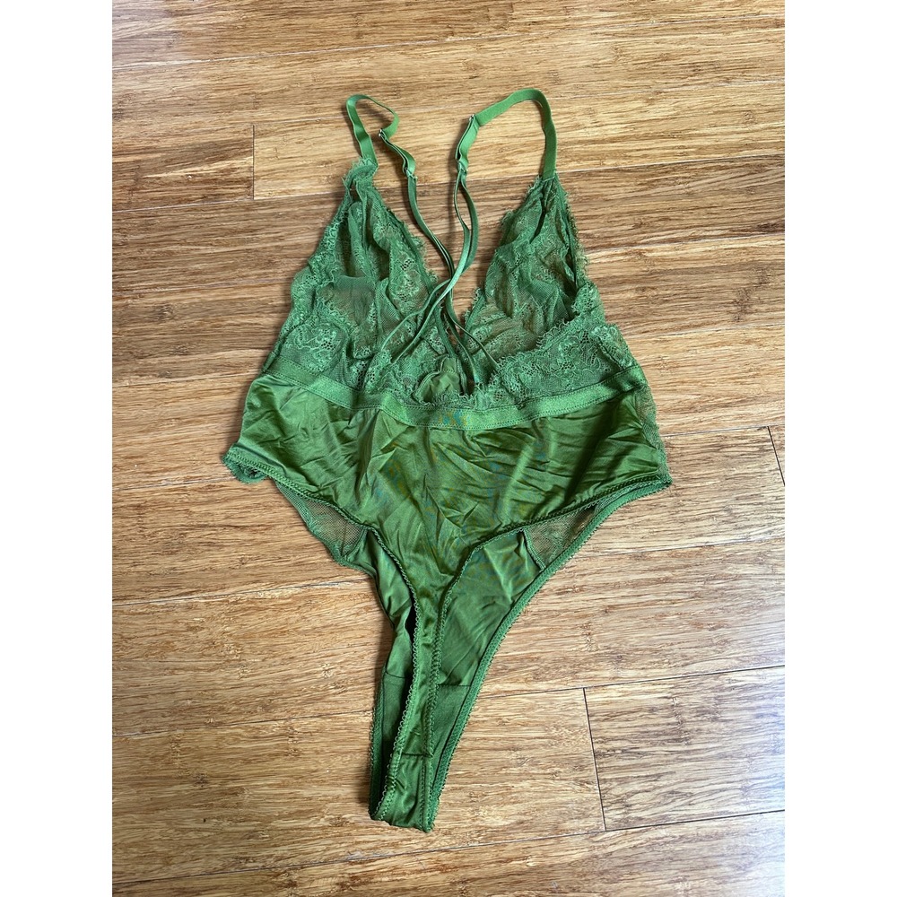 Earthy Boudoir Lace Satin Bodysuit Womens Medium Green Strappy V-Neck Teddy - Picture 3 of 3